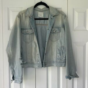 American Eagle distressed denim jacket with embroidered back size Small